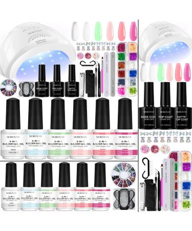Morovan 5 in 1 Builder Gel Nail Kit - 6 Colors Brush on Builder Nail Gel Kit with 48W LED Nail Lamp Clear White Pink Builder Nail Gel Set for Professional Nails Repair Nails Extension Nail Decoration