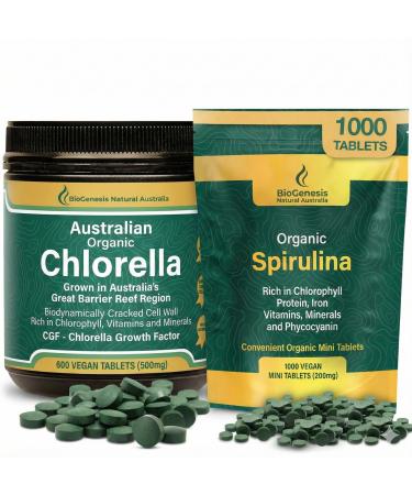 Biogenesis Organic Algae Powerhouse Set: Spirulina (1000 Mini Tabs) + Chlorella (600 Tabs) Complete Daily Greens for Energy & Immune Support Cracked Cell Wall Vitamin B & Iron Rich Vegan & Non-