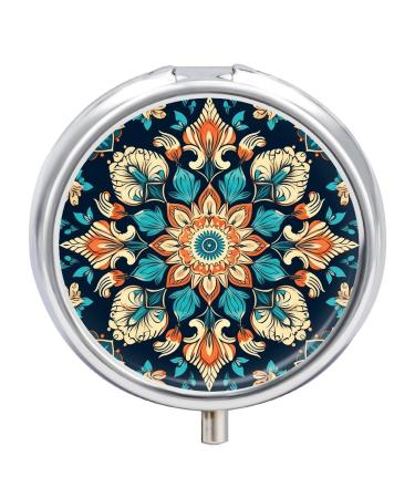 Round Pill Box Vintage Mandala Flowers Print 3 Compartment Medicine Pill Case Print Pill Organizer Decorative Metal Portable Pill Box Pocket Pill Box