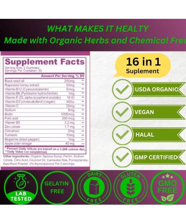 Black Seed Oil & Honey with Turmeric Gummies with BioPerine Apple Cider Vinegar Biotin Zinc & Vitamins C D3 B12 Immune Detox Energy & Hair Skin Nails Support 60 Vegan Halal Organic Gummies - Buy Online on GoSupps.com