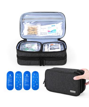 Yarwo Insulin Cooler Travel Case Double-Layer Diabetic Travel Case with 4 Ice Packs Diabetic Supplies Organiser for Insulin Pens Blood Glucose Monitors or Other Diabetes Supplies Black L (Pack of 1) Black