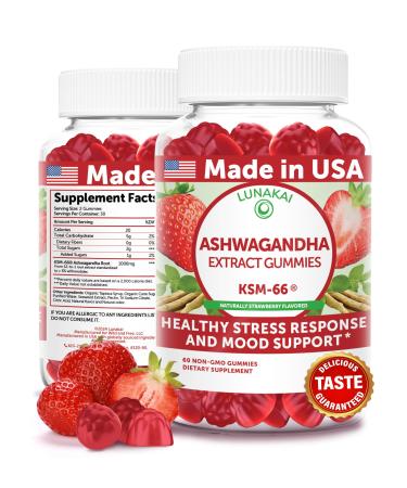 Lunakai USA Manufactured KSM-66 Ashwagandha Gummies for Women & Men Daily Vegan Supplement for Stress Mood & Sleep Support 60ct Single Bottle