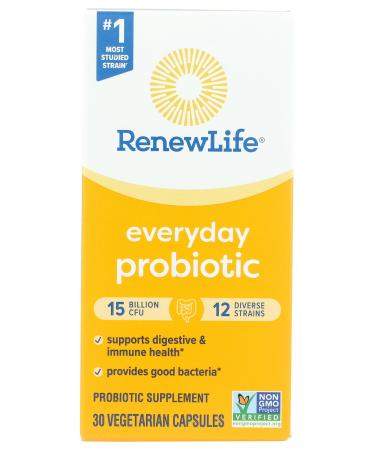 Renew Life Everyday Probiotic Capsules Daily Supplement Supports Urinary Digestive and Immune Health L. Rhamnosus GG Dairy Soy and Gluten-Free 15 Billion CFU 30 Count