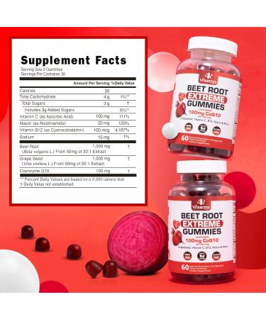 Extreme Beetroot Formula & COQ10 100mg - Gluten Free Energy Gummies with Grape Seed Extract for Enhanced Circulation - 1500mg - 60 Count - Buy Online on GoSupps.com
