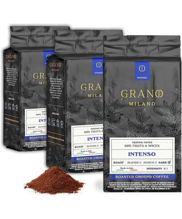 Grano Milano Ground Coffee Intenso Arabica and Robusta Dark Roast Intensity 5/5 Extra Strong Coffee - 26.45 Oz - Pack Of 3