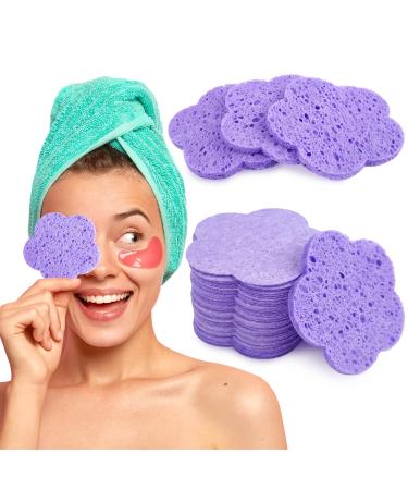 50-Count Compressed Face Sponges for Cleansing Flower Shaped Facial Sponges for Washing Disposable Face Sponge for Estheticians Spa 100% Natural Reusable Exfoliating Facial Wash Sponge Scrubber|Purple