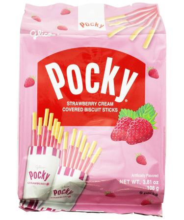 Glico Pocky, Strawberry Cream Covered Biscuit Sticks, 9 Individual Packs, 3.81 Ounce Bag - 5 Count Display Box Strawberry 1 Count (Pack of 6)