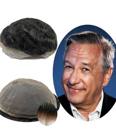 YANAHAIR Toupee for Men - Real Human Hair Replacement System - Fine French Lace Hairpiece - Customizable Hair Units - Natural-Looking Hair Pieces - Hair Prosthesis - #1B20 20% Human Hair - 8x10 - Wavy #1B20 Black and gray