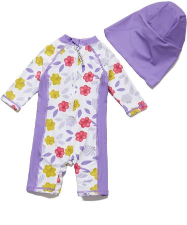 Bonverano Baby Girls Swimsuit/Sunsuit UPF 50+ UV Protection One Piece with Sun Cap - Purple Flowers (3-6 Months) - Buy Online on GoSupps.com