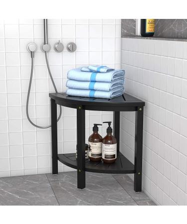 Waterproof Bamboo Corner Shower Stool Bench - Black with Storage Shelf | Ideal for Shaving Legs or Seating Inside Bathroom/ Shower - Buy Online on GoSupps.com