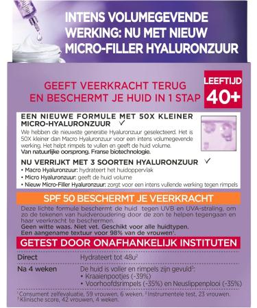 L'Or al Netherlands BV LOr al Paris Revitalift Filler AntiAging Day Cream with Hyaluronic Acid and SPF 50 This day cream fills wrinkles lines and crows feet Gives the skin more volume and firmness 50ml - Buy Online on GoSupps.com