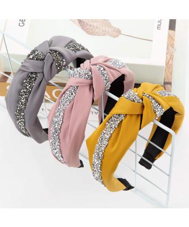 Kalyn 3Pcs Fashion Rhinestone Diamond Headbands - Satin Knot Hair Bands for Women & Girls (Gray, Pink, Yellow) - Buy Online on GoSupps.com