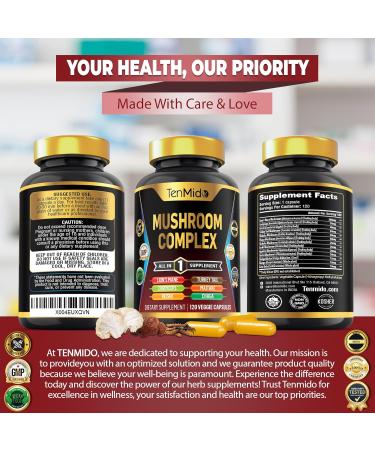 Tenmido Mushroom Complex Supplement - 13in1 Formula - Blend Lion's Mane Mushroom Cordyceps Sinensis Reishi Turkey Tail Maitake Chaga Shiitake Enoki & More - 120 Capsules for 4 Months Supply - Buy Online on GoSupps.com
