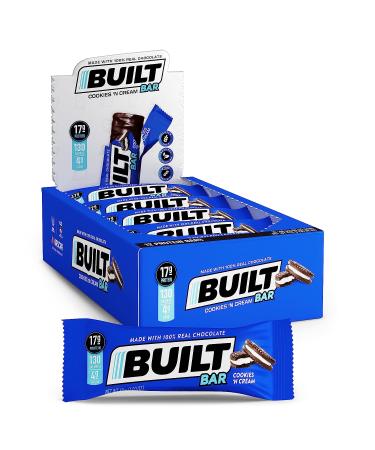 Built Bar 12 Pack High Protein and Energy Bars - Low Carb, Low Calorie, Low Sugar - Covered in 100% Real Chocolate - Delicious, Healthy Snack - Gluten Free (Cookies 'N Cream)