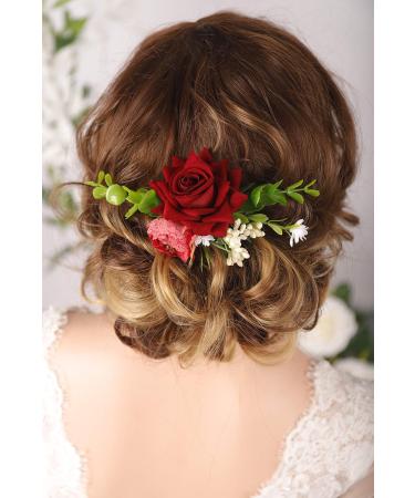 Kercisbeauty Bridal Burgundy Rose Flower Hair Clip for Wedding Floral Garden Headpiece for Brides Bridesmaid Floral Hair Clip Comb Prom Girls Hair Accessories - Buy Online on GoSupps.com