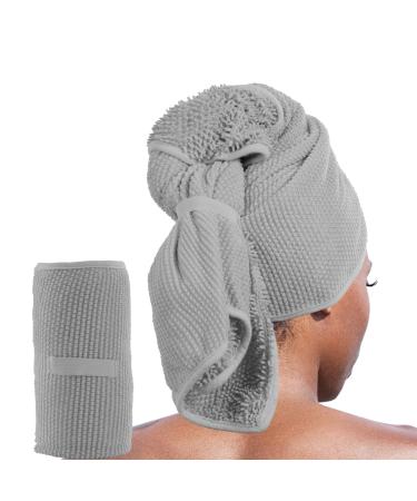 HOMBYS Extra Large Chenille Microfiber Hair Towel for Women Long Curly Thick Hair 40x30 Superr Absorbent Soft Hair Towel Wrap with Elastic Strap for Fast Drying Hair Grey