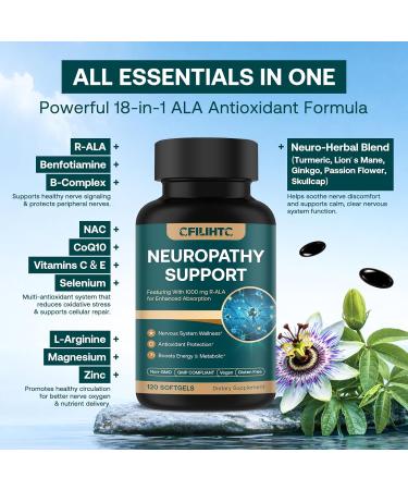 Neuropathy Support Nerve Supplement Advanced R-Alpha Lipoic Acid Supplement with Benfotiamine, NAC & B-Complex for Nerve Health, Antioxidant & Cellular Energy - Vegan 120 Softgels - Buy Online on GoSupps.com