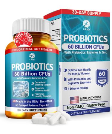 1 Body 60 Billion Probiotics for Men & Women Gut Health for Men & Women with Prebiotics Digestive Enzymes Zinc & L-Glutamine Supports Digestive Comfort Non-GMO 60 Vegan Probiotic Capsules 60 Count (Pack of 1)