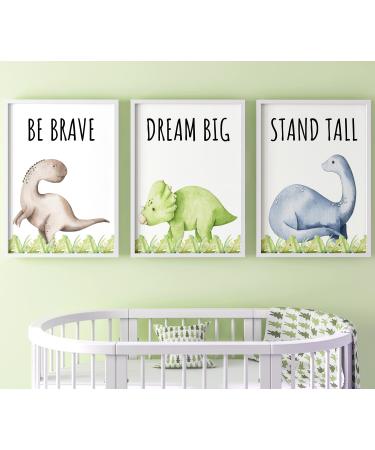 Dinosaur Set of 3 Unframed Poster Prints with Quotes for Baby Boy or Girl Nursery Dinosaur Bedroom Decor Dinosaur Wall Art Dream Big Stand Tall Be Brave (A3) Dream Big A3