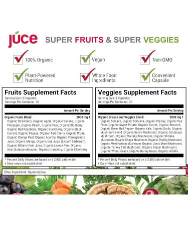 Juce Original Formula - Organic Super Fruit & Veggies Supplement - Gluten/Gelatin Free Soy Free & Vegan- Reds & Greens Superfood Capsules- 23 Fruits & 23 Vegetables (180 Count)- By Terra Kai Organics Organic Fruit & Veggie  - Buy Online on GoSupps.com