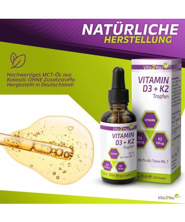 Vita2you Vitamin D3 + K2 Drops - 5000 IU D3 & 100 g K2 (MK-7) - Premium Quality Made in Germany MCT Oil - Enhance Your Health Now! - Buy Online on GoSupps.com