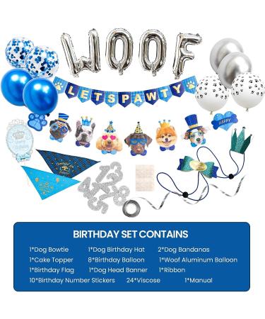 Dog Birthday Party Supplies - Hat, Bandana, Bowtie, Cake Topper, Balloon, Flag, Banner for Small Medium Dogs - Blue Doggie Birthday Decor - Buy Online on GoSupps.com