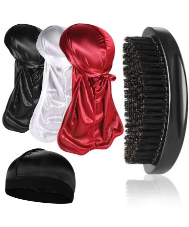 3pcs Silky Durag with Wave Brush for Men 360, Curved Medium/Hard Hair Brush Kits,A #Set A