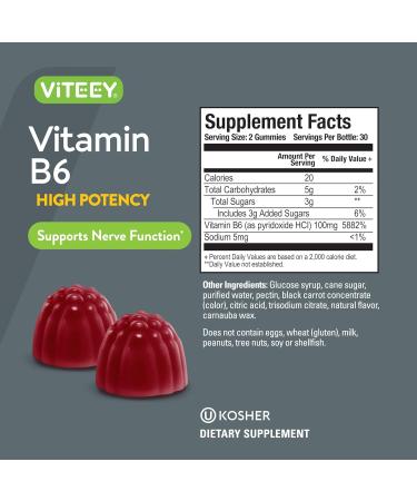 Viteey B6 Vitamins for Mood & Nerve Function Support Vitamin B6 Gummies 100mg for Adults & Teens Gummy - Berry - 7.58 Oz - Buy Online on GoSupps.com