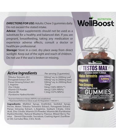 Testos MAX Strength Gummies 30 000mg (7in1) Tribulus Terrestris Fenugreek Panax Ginseng Extracts L-Arginine Zinc VitD3 and VitB6 Delicious Vegan Sugar Free for Adults with Grapes Flavour. - Buy Online on GoSupps.com