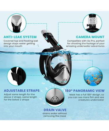 Platinum Arowana Full Face Snorkel Mask - Snorkeling Gear for Adults and Kids - Black/Silver - Large/X-Large - Buy Online on GoSupps.com