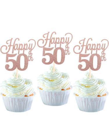 Pack of 24 50 Cupcake Toppers Glitter "Happy 50th Birthday" Cake Toppers Number 50 Eightteen Sweet 50 Birthday Wedding Anniversary Party Cake Decorations Accessories Rose Gold