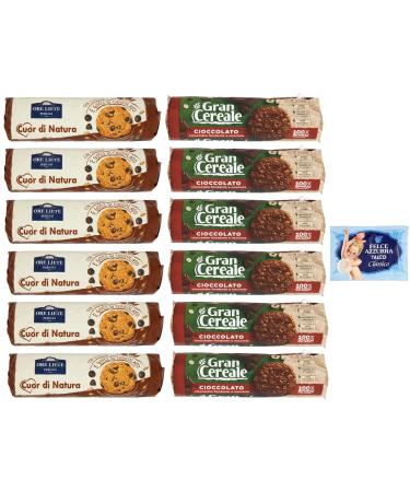 Set of 12 Biscotti Cereali Cioccolato Ore Liete 250 g + Gran Cereale 230 g Biscuits with cereals and chocolate Packed in a tube + 1 packet of free Felce Azzurra talc, sachet of 100 g