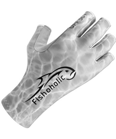 Fishoholic Fingerless Fishing Gloves (2 Colors) UPF50+ w' Super Grip & Sun Protection Glove for Men and Women Kayaking Paddling Biking Hiking or Rowing (R) Fishaholic 1: GreyCamo L / XL