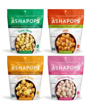 AshaPops Variety Pack Popped Water Lily Seeds - Gluten Free | Vegan | Paleo | Kosher OU| Soy Free | 1 oz | (Pack of 4 Bags) Variety Pack 1 Ounce (Pack of 4)