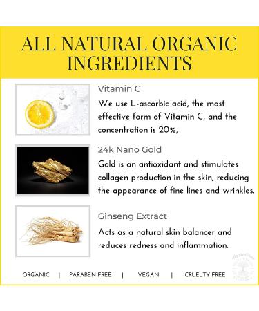 Organic Vitamin C Facial Serum with Hyaluronic Acid, Vitamin E, 24K Gold - Anti Aging, Wrinkles, Dark Spots & Acne Scar Treatment - 20% Vit C - San Francisco Formula - Buy Online on GoSupps.com