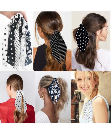 Funlovin Black White Scarf Scrunchie Hair Ribbon Ties Set - Elegant Ponytail Scrunchies with Tails for Women (6pcs) - Buy Online on GoSupps.com