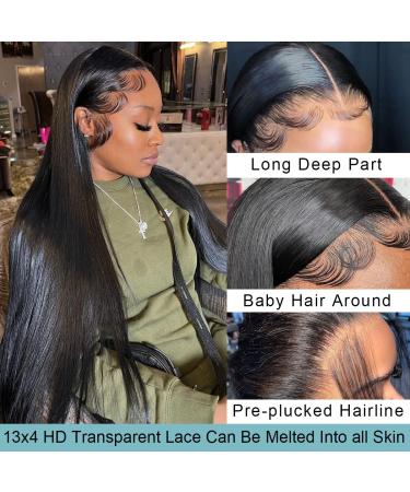 Lace Front Human Hair Wig 30 Pre Plucked with Baby Hair | Brazilian Virgin 13x4 HD Lace Frontal | 180% Density Straight Glueless Wig for Black Women - Natural Color - Buy Online on GoSupps.com