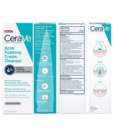CeraVe Acne Foaming Cream Cleanser with 4% Benzoyl Peroxide, Hyaluronic Acid & Niacinamide - 5 Oz | Fragrance-Free, Non-Comedogenic Acne Treatment Face Wash - Buy Online on GoSupps.com
