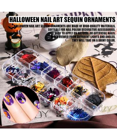 Halloween Nail Sequins 1 Box 12 Grids Ghost Witch Skeleton Spider Pumpkin Cat Nail Glitter Flakes Halloween Skull Nail Art Glitter Nail Accessories for Women Girls Nail Art Design Decoration - Buy Online on GoSupps.com