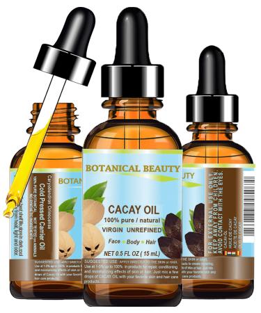 Botanical Beauty CACAY OIL 100% Pure Natural Virgin Unrefined Cold-Pressed Carrier Oil WILD GROW 0.5 Fl Oz 15 ml For Face Skin Body Hair. Anti Wrinkle Face Oil Natural Retinol Vitamin A Vitamin E
