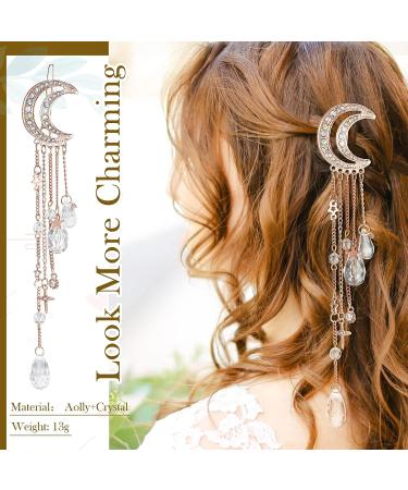 Rhinestone Moon Star Hair Clips - Set of 4 | Crystal Beads Tassel Pins | Bridal Charm Hair Accessories for Women and Girls - Buy Online on GoSupps.com