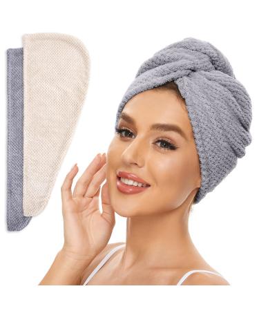 Microfiber Hair Towel for All Hair Style, 2 Pack Quick Drying Hair Turban - Perfect for Women, Men and Kids (Beige + Grey)