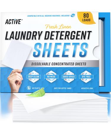 Laundry Detergent Sheets Eco Washing Strips - 80 Loads, Liquidless Fresh Scented Clothes Washer Sheet, Zero Waste Travel Laundry Strip, Dissolvable Space Saving Sheets for HE - Fresh Linen Scent