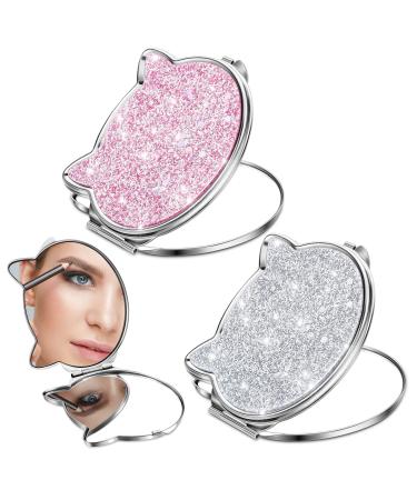 Wesiti 2 Pcs Compact Mirror for Purses Cat Compact Mirror Pocket Makeup Mirror Glitter Kawaii Folding Mini Mirror Portable Mirror for Women Girls Travel Magnification  Pink  Silver  Double Sides 2X 1X