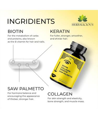 HERBALICIOUS Biotin Collagen Keratin Capsules with Saw Palmetto Hair Skin Nails Support Formula with Vitamin C 10 000 mcg Biotin Made in USA 120 Capsules - Buy Online on GoSupps.com