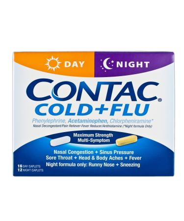 CONTAC Cold + Flu Maximum Strength Acetaminophen Day & Night Multi-Symptom Relief Nasal Congestion Sinus Pressure Sore Throat Body Aches Runny Nose Sneezing Combo 28 Caplets