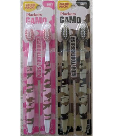 Plackers CAMO Toothbrushes for Children 5 to 8 years - 2 Pink Camouflage and 2 Green Camouflage Soft Bristle Brushes Provide Gentle Effective Cleaning - 4 count