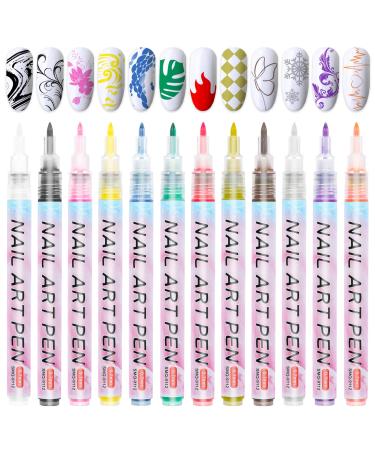 Greoer 12 Colors Nail Polish Pens Set 3D Nail Art Drawing Pen Nail Graffiti Dotting Pens Sets Nail Art Pens Drawing Painting Liner Brush for Nail DIY Decoration