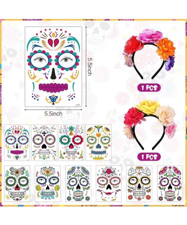 Halloween Temporary Face Tattoos - Day of the Dead Headband & Costume Tattoos Set - Buy Online on GoSupps.com