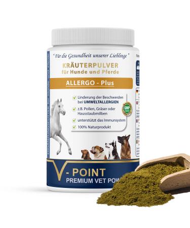 V -Point Allergo Plus - with allergies through pollen grasses hay dust - for symptoms and for prevention - Premium herbal powder for dogs and horses - with black cumin rose hip ginger (500 g) Allergo plus herb powder 500 g